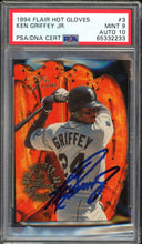 Load image into Gallery viewer, 1994 Flair Hot Gloves #3 Ken Griffey Jr. Auto HOF Seattle Mariners PSA 9 Auto 10
