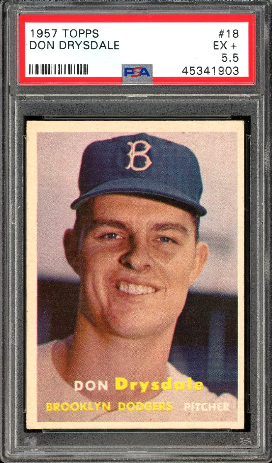 1957 Topps #18 Don Drysdale Rookie HOF Brooklyn Dodgers PSA 5.5 EX+