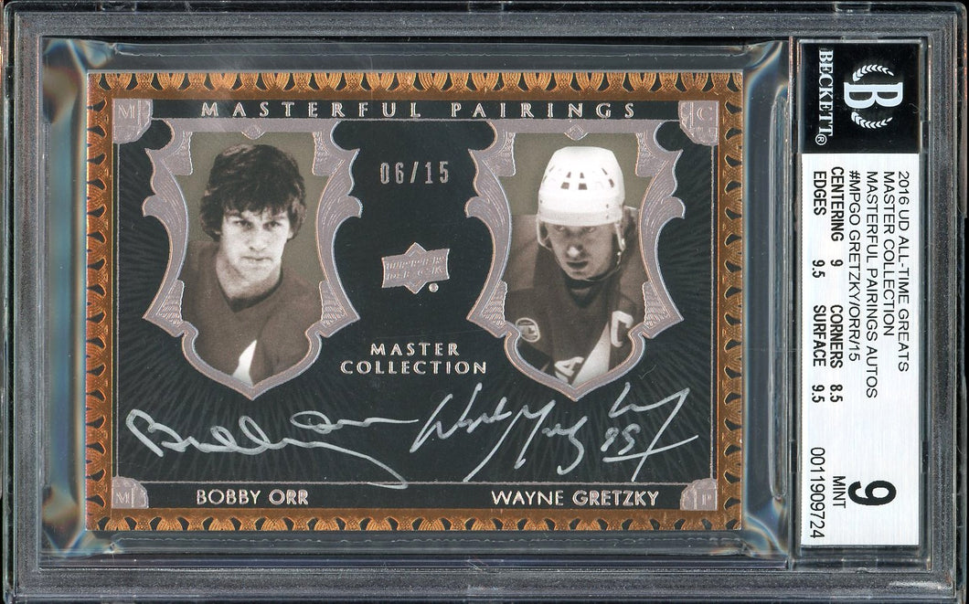 2016 UD All-Time Greats Master Collection Masterful Pairings Wayne Gretzky Bobby Orr Auto BGS 9 Auto 10