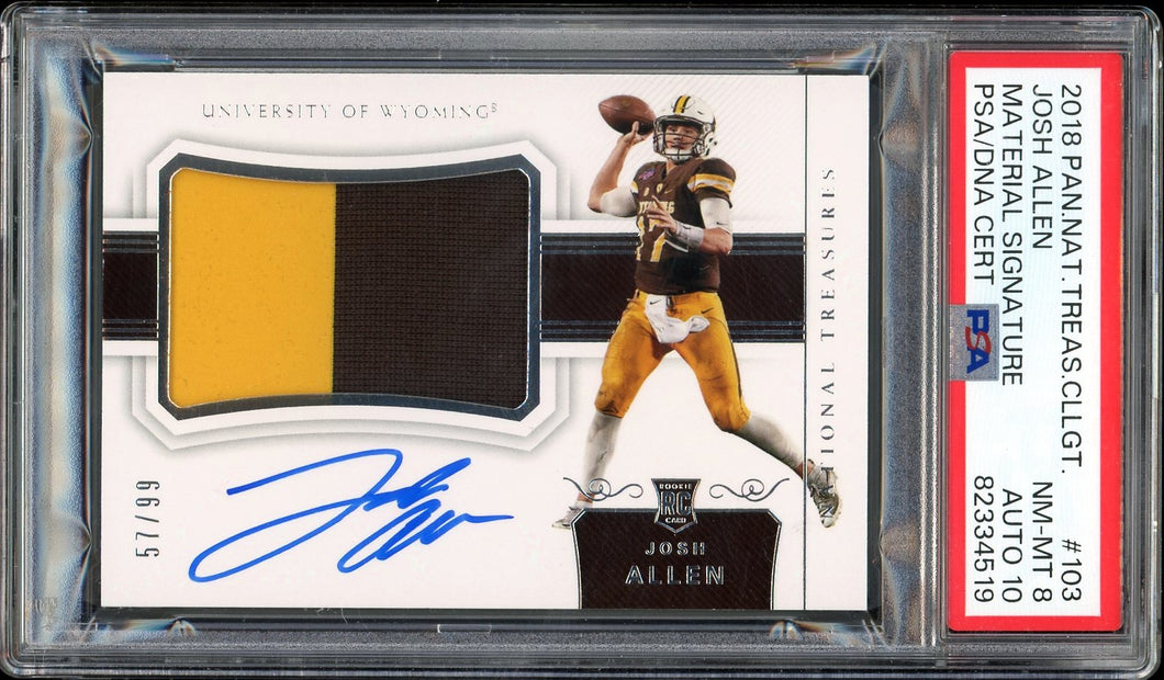 2018 Panini National Treasures Collegiate Material Signatures #103 Josh Allen Rookie Patch Auto #/99 Buffalo Bills PSA 8 Auto 10