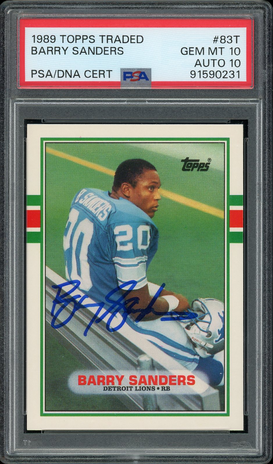 1989 Topps Traded #83T Barry Sanders Rookie Auto HOF Detroit Lions PSA 10 Auto 10