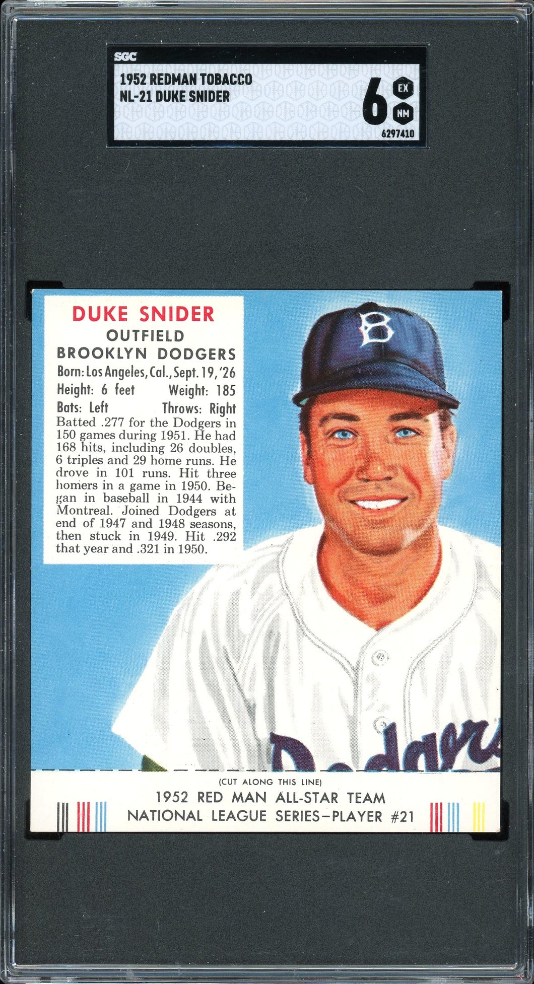 1952 Red Man Tobacco Duke Snider HOF Brooklyn Dodgers SGC 6 EX-NM