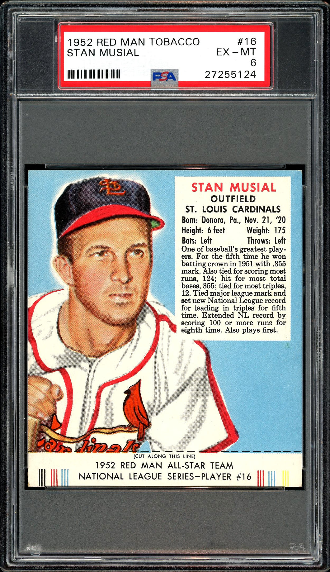 1952 Red Man Tobacco #16 Stan Musial HOF St. Louis Cardinals PSA 6 EX-MT