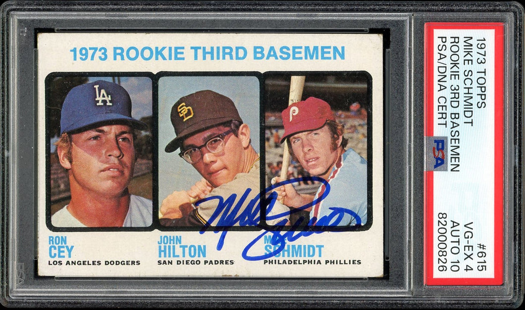 1973 Topps #615 Mike Schmidt Rookie Auto HOF Philadelphia Phillies PSA 4 Auto 10