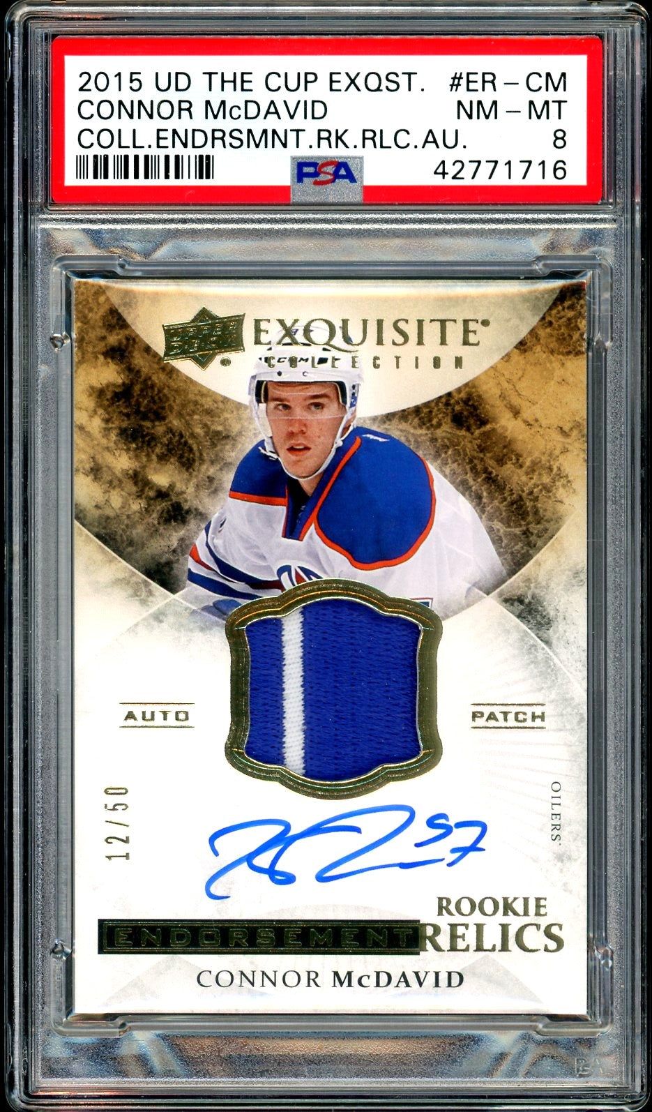 2015 UD The Cup Exquisite Connor McDavid Rookie Auto /50 Endorsement Rookie Relics PSA 8