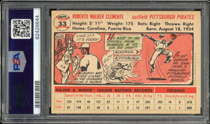 1956 Topps #33 Roberto Clemente White Back HOF Pittsburgh Pirates PSA 6.5 EX-MT+