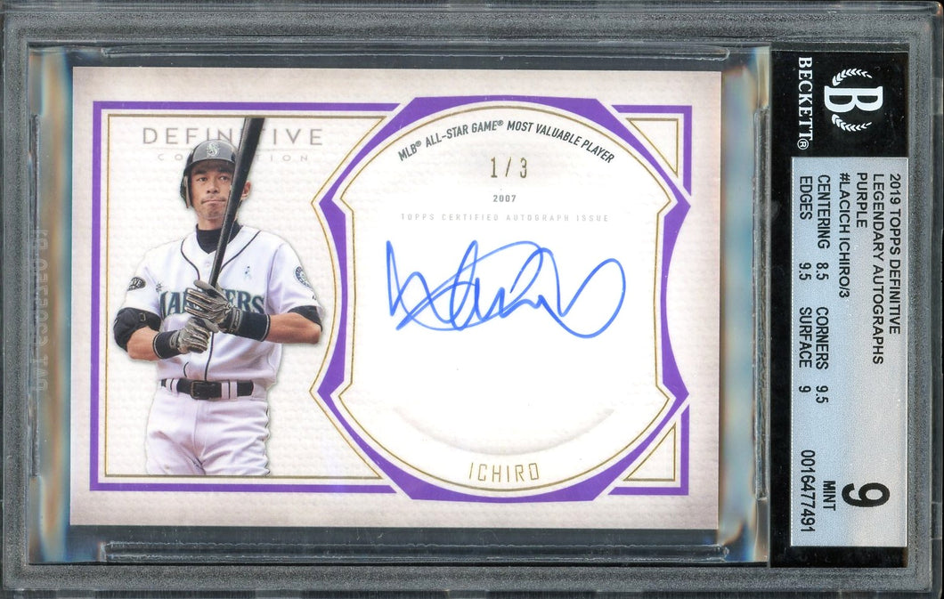 2019 Topps Definitive Legendary Autographs Purple Ichiro Auto /3 HOF Seattle Mariners BGS 9 Auto 10