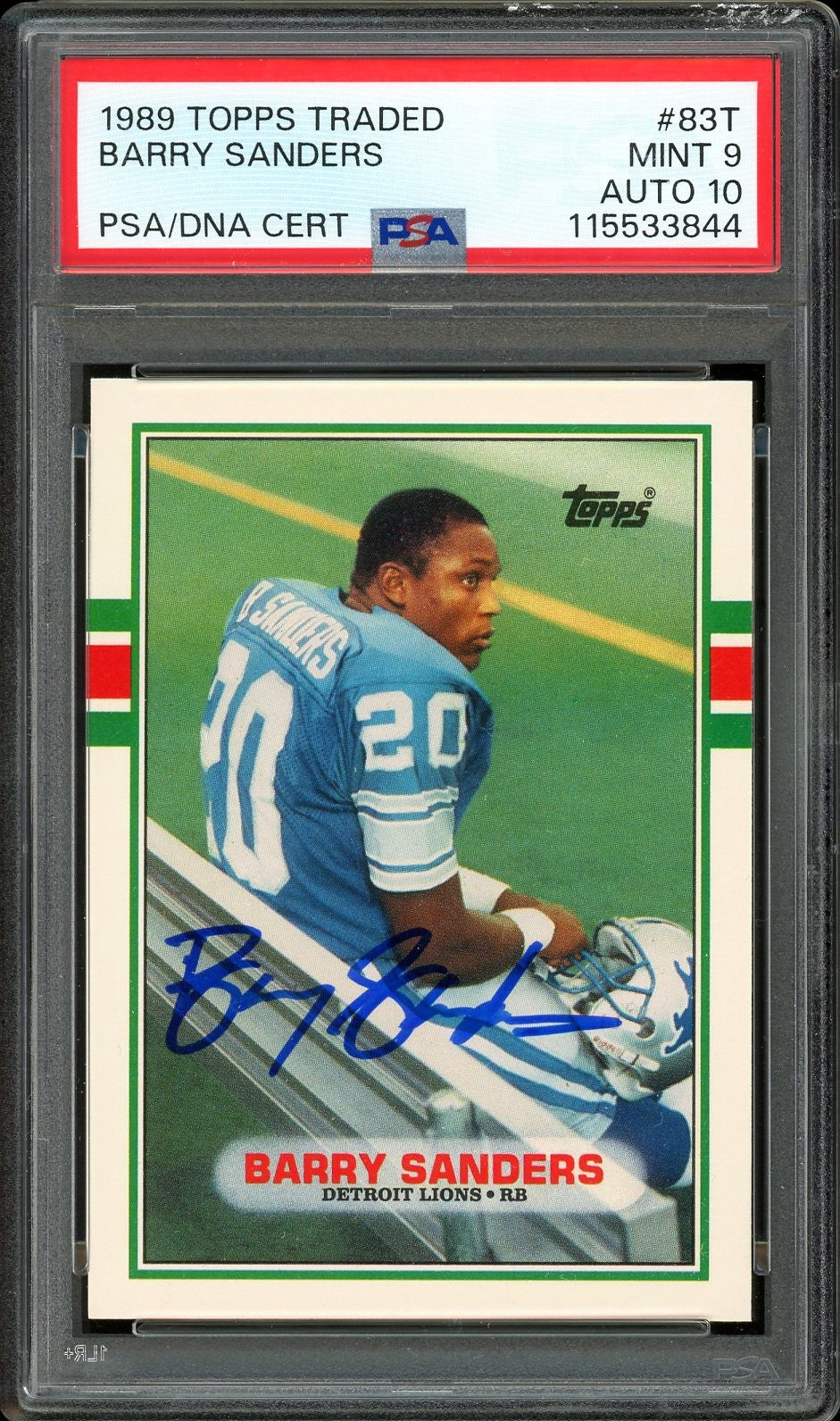 1989 Topps Traded #83T Barry Sanders Rookie Auto HOF Detroit Lions PSA 9 Auto 10