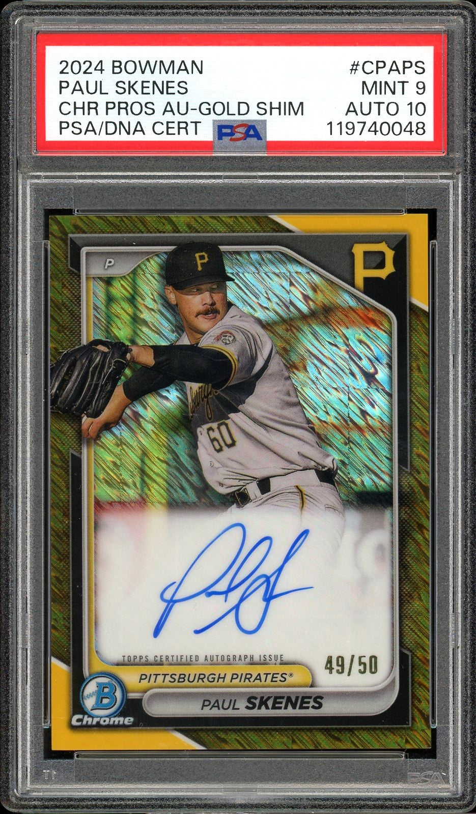 2024 Bowman Chrome Paul Skenes Chrome Prospect Auto Gold Shimmer /50 PSA 9 Auto 10