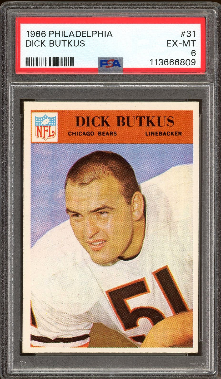 1966 Philadelphia #31 Dick Butkus Rookie HOF Chicago Bears PSA 6 EX-MT